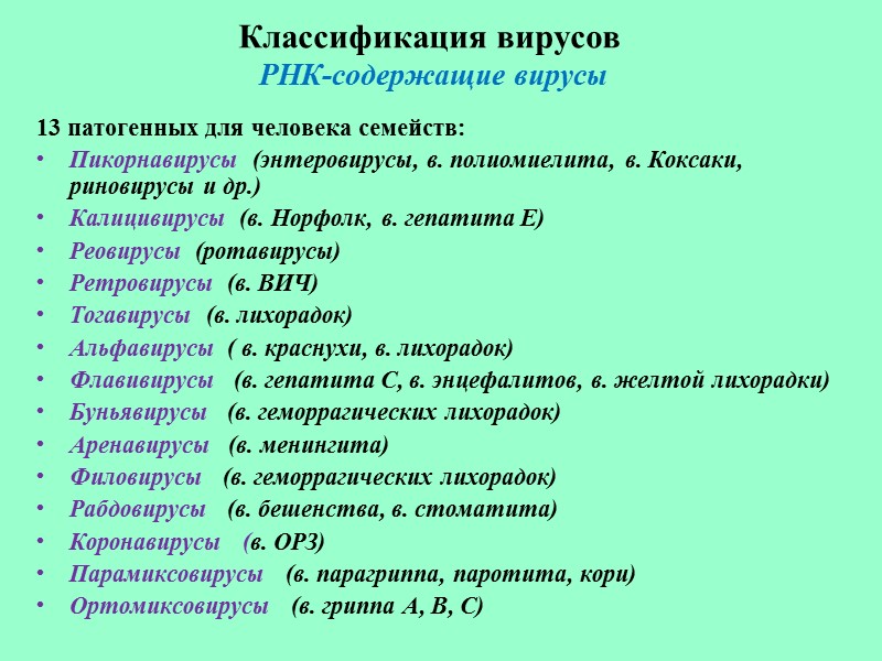 Классификация вирусов   РНК-содержащие вирусы  13 патогенных для человека семейств: Пикорнавирусы 